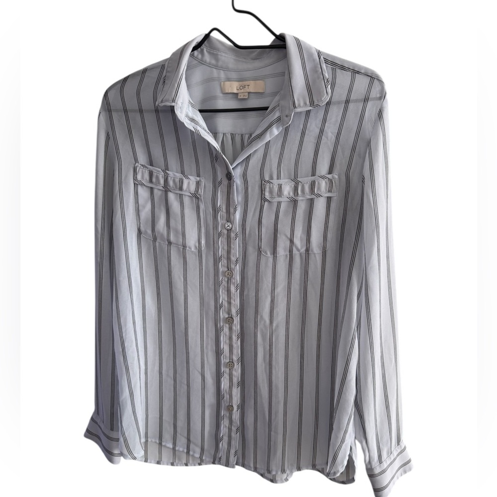 LOFT Gray and White Striped Blouse